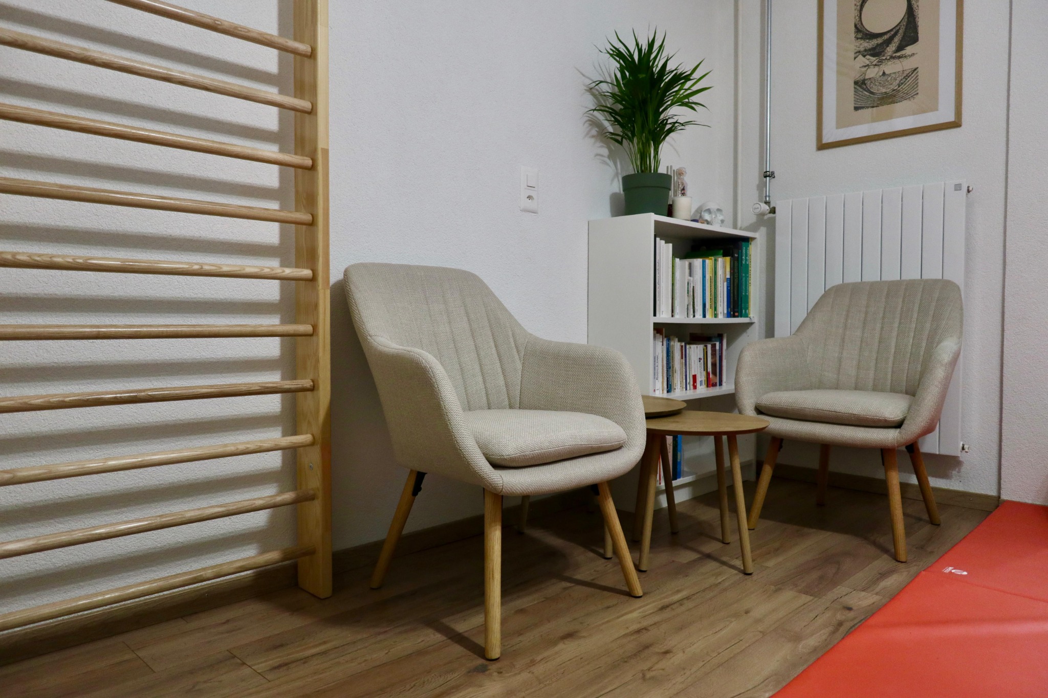 Espace d’échange du cabinet Althéa Santé avec fauteuils, espalier, plante et bibliothèque